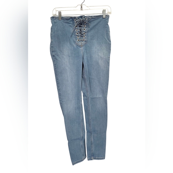 Free People Denim - Free People Lace Up Light Wash High Rise Skinny Jeans Size 28